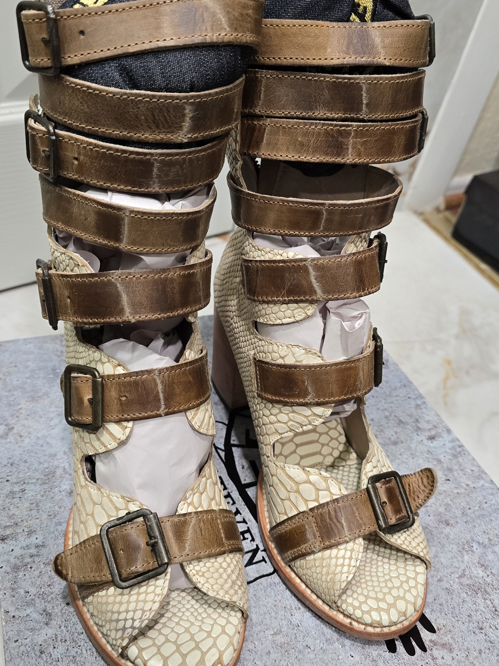 Freebird by Steven Cream Snake-Embossed Heels with Brown Leather Straps